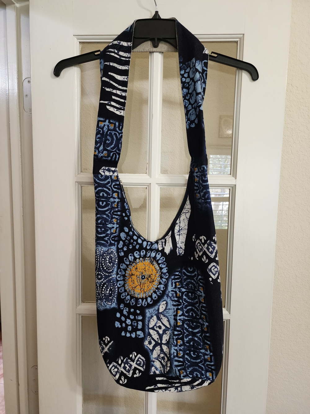 Unbranded Blue Batik Style Cotton Hobo Slouch Shoulder Bag Zip Top Boho